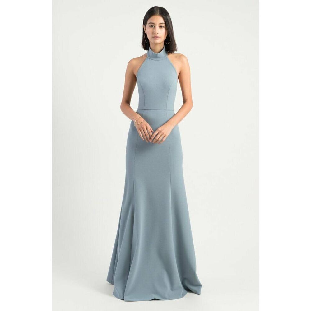 $280 Jenny Yoo Collection Mayan Blue Halter Stretch Crepe Petra Gown 0 NEW